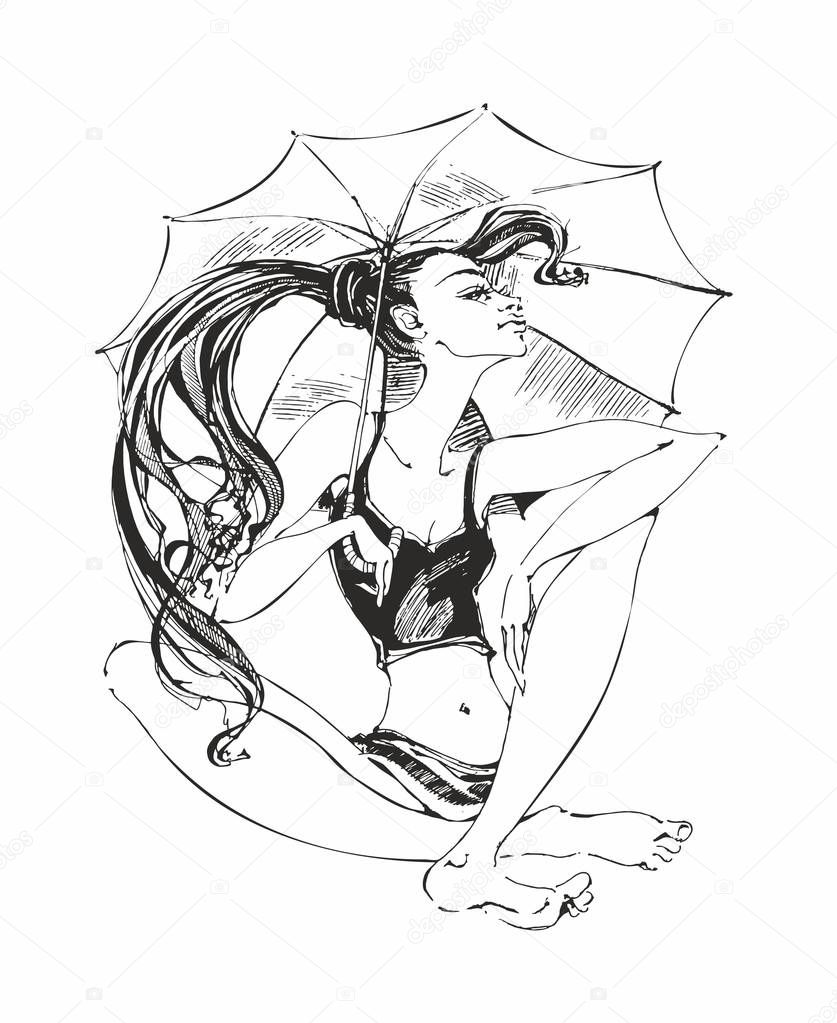 Girl sitting under an umbrella. Barefoot. Sketch. Drawn.  Stylish graphics. Vector.