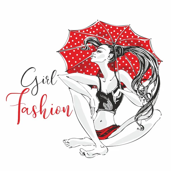 Menina Moda Guarda Chuva Vermelho Com Bolinhas Modelo Mulher Posando —  Vetores de Stock