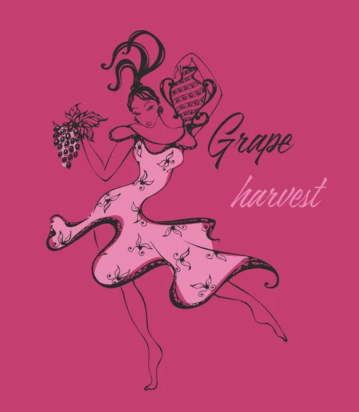 Logo Für Weinetiketten Tanzendes Mädchen Mit Trauben Die Ernte Der — Stockvektor