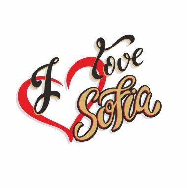 Sofia seviyorum. Bulgaristan. Yazı. Turist kartı. Turizm endüstrisi. Kalp. Vektör.