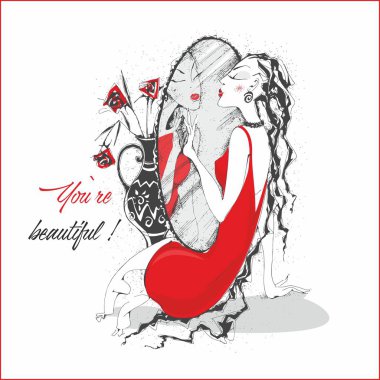 You're beautiful. Inscription. Postcard. The girl in the red dress near the mirror. Vector clipart