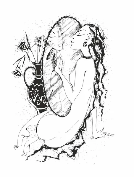 Chica Con Espejo Una Mujer Desnuda Admira Misma Boceto Gráficos — Archivo Imágenes Vectoriales