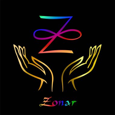 Karuna Reiki. Enerji şifa. Alternatif Tıp. Zonar sembolü. Manevi pratik. Esoteric.Open palm. Gökkuşağı rengi. Vektör