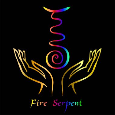 Karuna Reiki. Enerji şifa. Alternatif Tıp. Sembol ateş yılanı. Manevi pratik. Esoteric.Open palm. Gökkuşağı rengi. Vektör