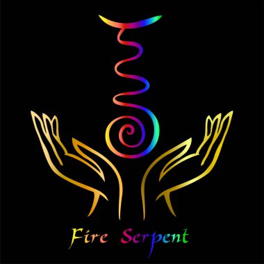 Karuna Reiki. Energy healing. Alternative medicine.  Symbol Fire Serpent. Spiritual practice. Esoteric.Open palm. Rainbow color. Vector clipart