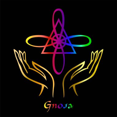 Karuna Reiki. Enerji şifa. Alternatif Tıp. Sembol Gnosa. Manevi pratik. Esoteric.Open palm. Gökkuşağı rengi. Vektör