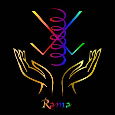 Karuna Reiki. Enerji şifa. Alternatif Tıp. Sembol Rama. Manevi pratik. Esoteric.Open palm. Gökkuşağı rengi. Vektör
