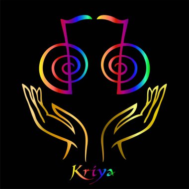 Karuna Reiki. Enerji şifa. Alternatif Tıp. Sembol Kriya. Manevi pratik. Esoteric.Open palm. Gökkuşağı rengi. Vektör