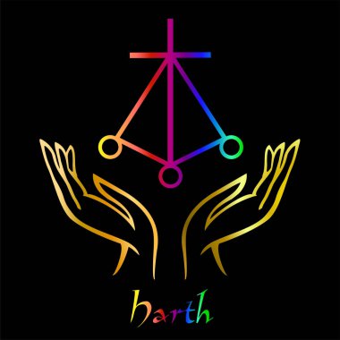 Karuna Reiki. Enerji şifa. Alternatif Tıp. Sembol Harth. Manevi pratik. Esoteric.Open palm. Gökkuşağı rengi. Vektör