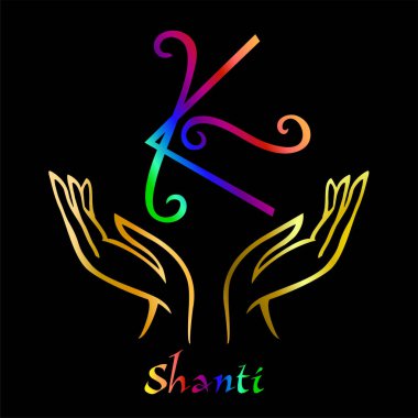 Karuna Reiki. Enerji şifa. Alternatif Tıp. Sembol Shanti. Manevi pratik. Esoteric.Open palm. Gökkuşağı rengi. Vektör