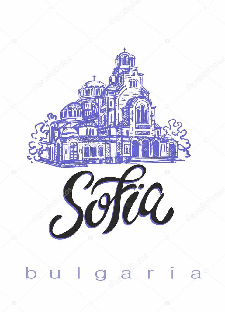 St. Alexander Nevsky Cathedral. Sofia, Bulgaria. Sketch. Lettering. Tourism industry. Travel. Vector.