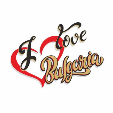 Bulgaristan seviyorum. Yazı. Turist kartı. Turizm endüstrisi. Kalp. Vektör.