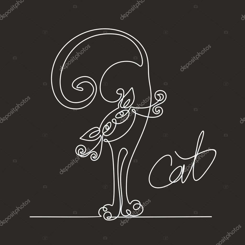 Cat. Continuous line drawing. Funny kitten. Lettering.  Black background.  The effect of the chalk Board. Vector