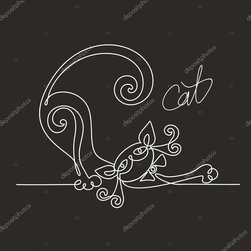 Cat. Continuous line drawing. Funny kitten. Lettering.  Black background.  The effect of the chalk Board. Vector