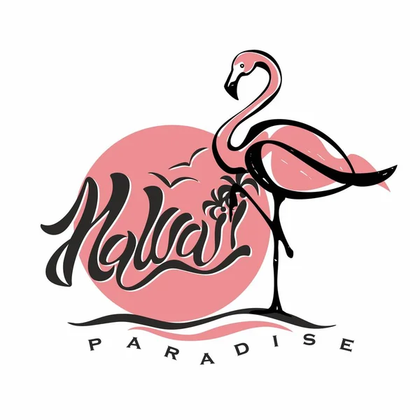 Hawaii Schriftzug Flamingo Sonnenuntergang Logo Reise Urlaub Willkommenskarte Tourismus Branche — Stockvektor