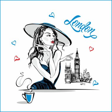 Kahve içme şapkalı kız. Londra'da moda modeli. Büyük Ben. Romantik kompozisyon. Tatilde şık bir model. Tatil. Turizm endüstrisi. Vektör