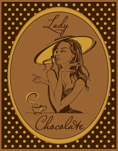 Chocolate Caliente Etiqueta Bebida Imagen Retro Chica Elegante Sombrero Vintage — Archivo Imágenes Vectoriales