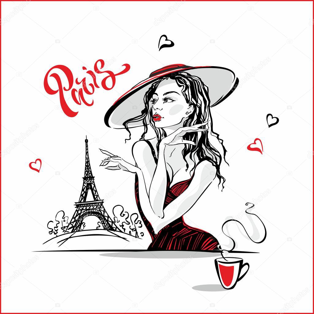 Girl in the hat drinking coffee.  Fashion model in Paris. Eiffel tower. Romantic composition. Elegant model on vacation.  Tourism industry.  Vector