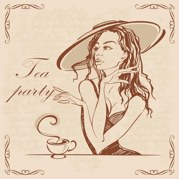 Tea Party Dziewczyna Kapeluszu Picia Herbaty Elegancki Wygląd Vintage Ilustracja — Wektor stockowy