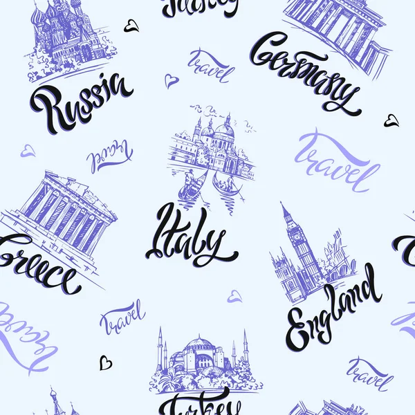 Seamless pattern. city of Italy. Rome. Venice. Pisa. Lettering. Sketches of attractions. Cathedral Coliseum tower of Pisa Tourist suitcase Vector