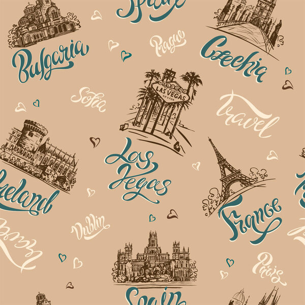 Seamless pattern. Countries and cities. Lettering. Sketches. Landmarks.  Travel. BulgariaCzech Republic Las Vegas Ireland France Spain Vector