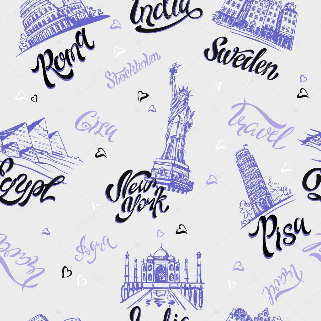 Seamless pattern. Countries and cities. Lettering. Sketches. Landmarks.  Travel Italy Rome America Sweden India Egypt Vector