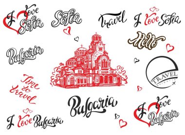 Bulgaristan. Sofia. Tasarım öğeleri kümesi. Yazı. Alexander Nevsky Katedrali kroki. Travel.Vector
