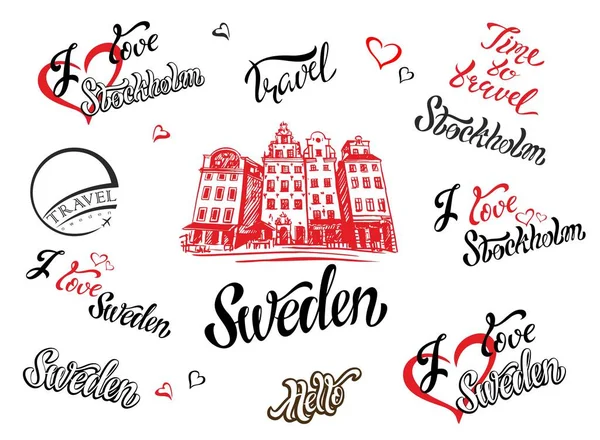 Suecia Conjunto Elementos Para Diseño Estocolmo Boceto Arquitectura Letras Inspiradoras — Vector de stock