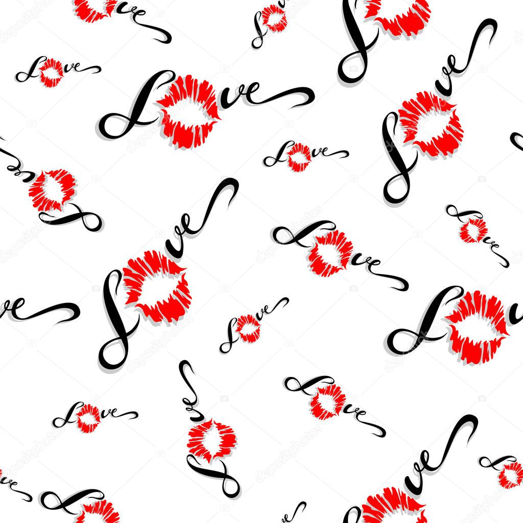 Seamless pattern. Romantic print for fabric. Love. Lettering. Kiss. Lip print. Valentine. Red  On white background Vector