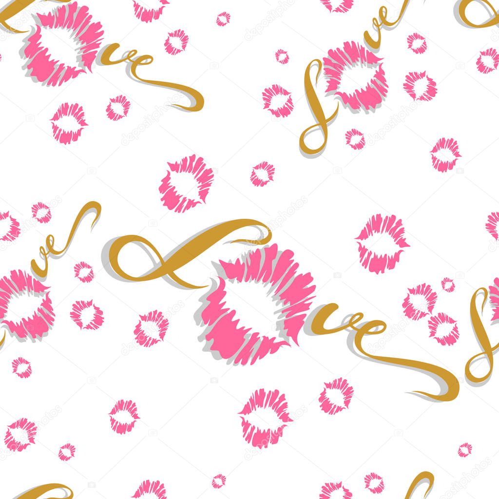 Seamless pattern. Romantic print for fabric. Love. Lettering. Kiss. Lip print. Valentine. Pink  On white background Vector