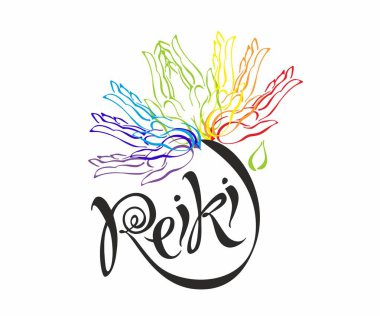Reiki enerji. Logo. Enerji şifa. Adam avuç gökkuşağı çiçek. Alternatif Tıp. Manevi pratik. Vektör