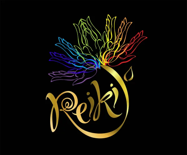 Energia Reiki Logotyp Uzdrawiającej Energii Kwiat Tęczy Dłoni Człowieka Medycyna — Wektor stockowy