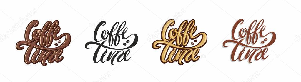 Coffee time. Stylish trend lettering. Advertising banner sticker for coffee shop. Vector