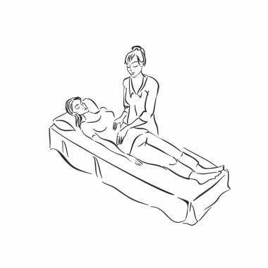 Doktor ve hasta. Tanılama. Doktorun oturum. Muayene. Tıp Sketch vektör