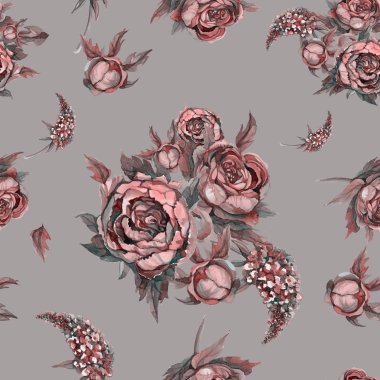 Çiçek seamless modeli. Sulu boya çiçekler. Gül, peonies, leylak. Vintage çiçek demetleri. Buket düğün. Pastel renk. Gri arka plan suluboya resim
