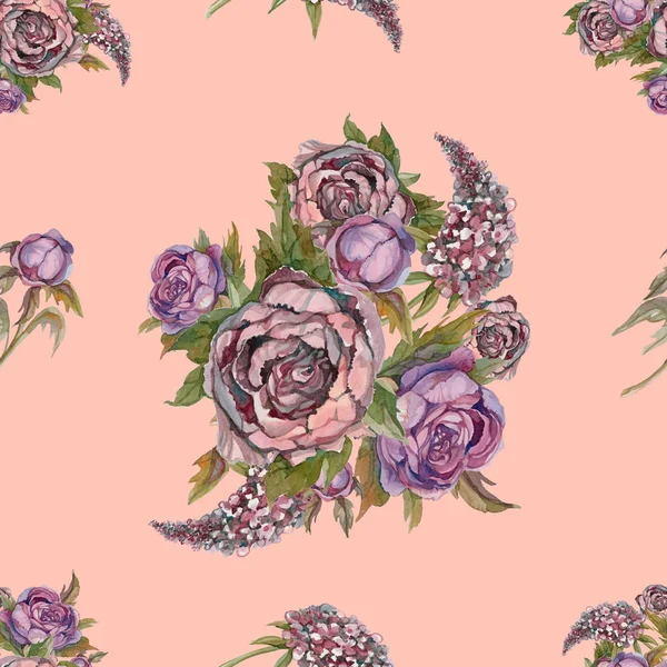Florales Nahtloses Muster Aquarellblumen Rosen Pfingstrosen Flieder Alte Blumensträuße Brautstrauß — Stockfoto