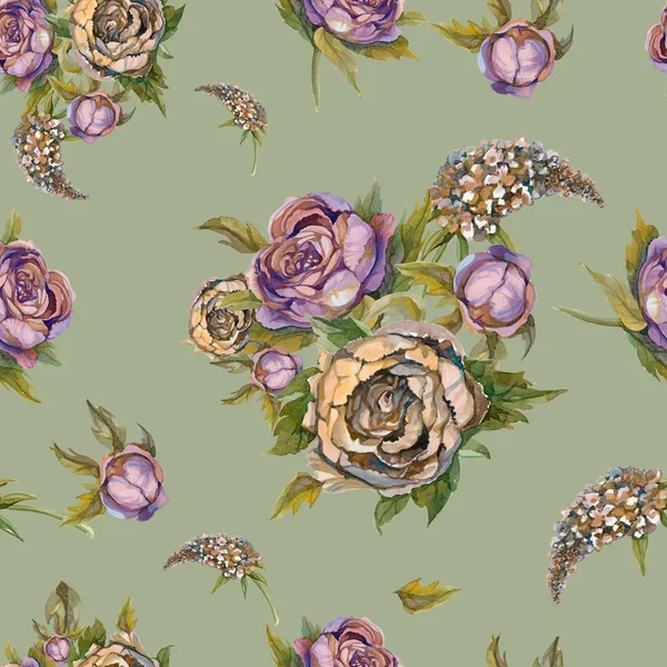 Motif Floral Sans Couture Fleurs Aquarelles Roses Pivoines Lilas Bouquets — Photo