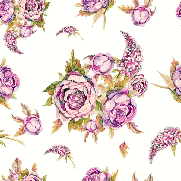 Цветочный Бесшовный Рисунок Акварельные Цветы Розы Пионы Сирень Древние Букеты — стоковое фото