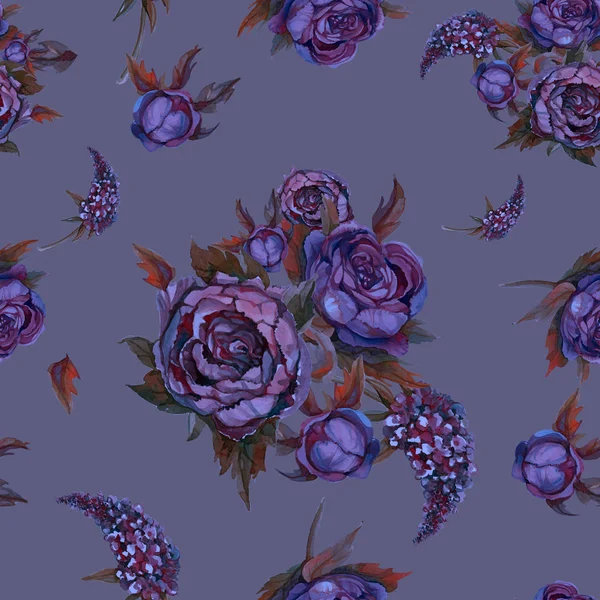 Цветочный Бесшовный Рисунок Акварельные Цветы Розы Пионы Сирень Винтажные Фиолетовые — стоковое фото