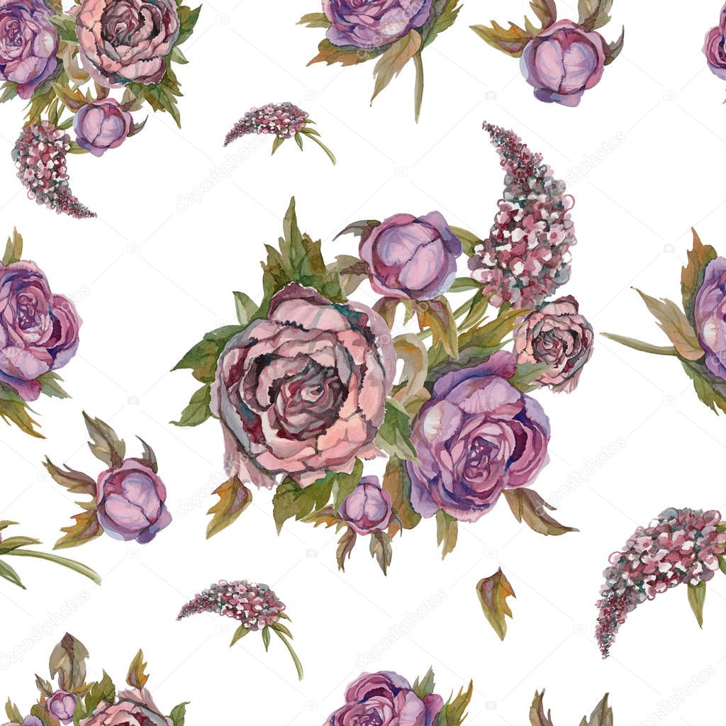 Floral seamless pattern. Watercolor flowers. Roses, peonies, lilacs. Ancient bouquets of flowers. Wedding bouquet. Pastel color  Watercolor illustration