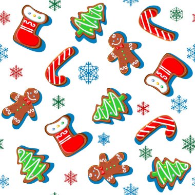 Kar taneleri ile Gingerbread çerezleri. Noel yazdır. Seamless modeli. Beyaz 