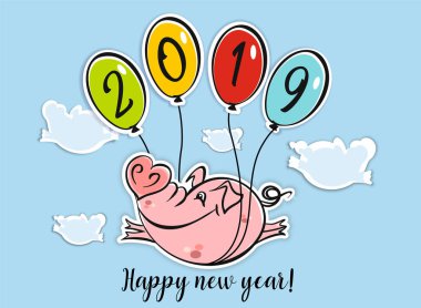 Yeni Yılınız Kutlu Olsun. Tatil kartı. Yeni yıl 2019 domuz sembolüdür. Komik domuz üzerinde balon uçar. Karikatür tarzı. Vektör
