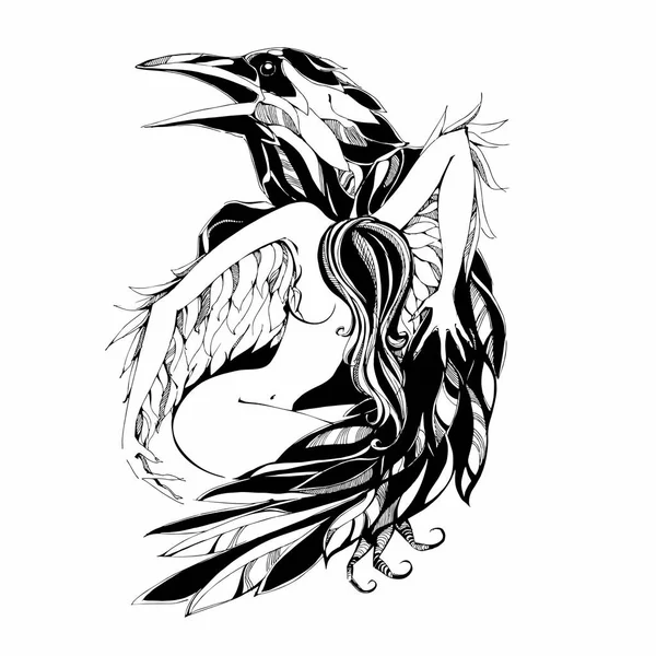 Corbeau Ange Illustration Vectorielle Tatouage — Image vectorielle