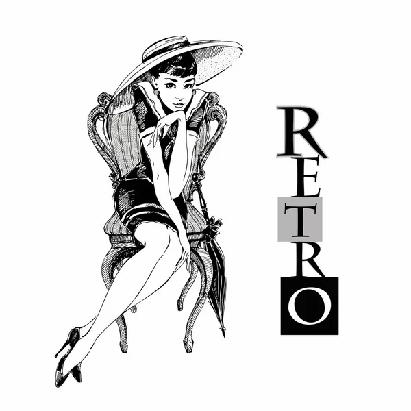 Ретро Девушка Шляпе Элегантная Леди Графический Вектор — стоковый вектор