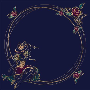 Çerçeve, kart. Vintage kız. Şapkanın içinde şemsiye ile. Yuvarlak kare altın çiçek vektör