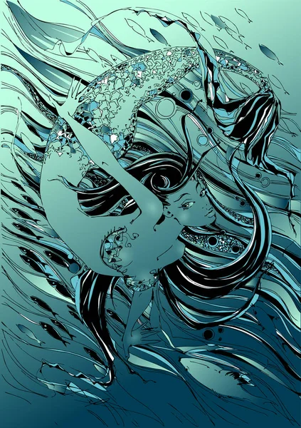 美人鱼 这个故事是一个神话 水下世界 图形向量 — 图库矢量图片
