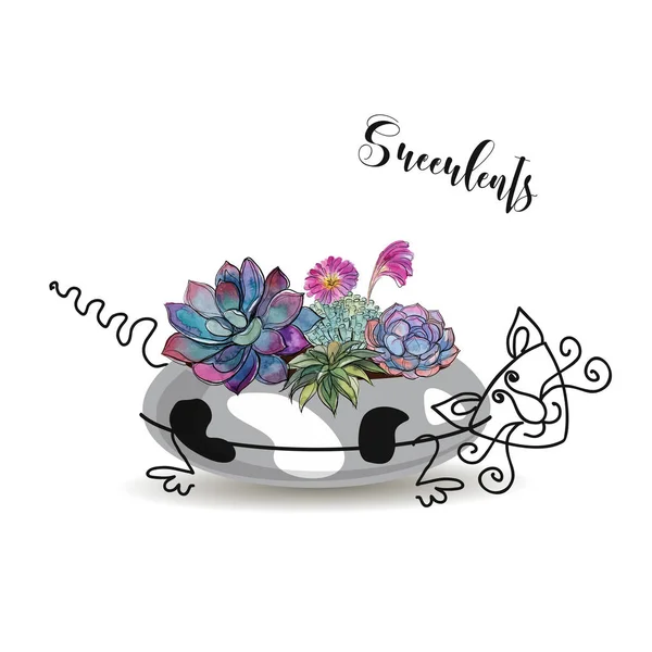 Composition Décorative Succulents Dans Pot Fleurs Forme Chat Tacheté Aquarelle — Image vectorielle