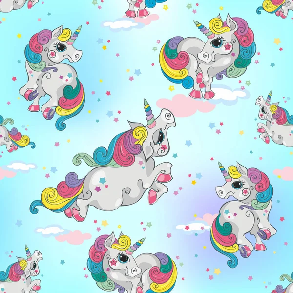 Seamless pattern with magic unicorns. Blue sky background with stars. For boys. Vector