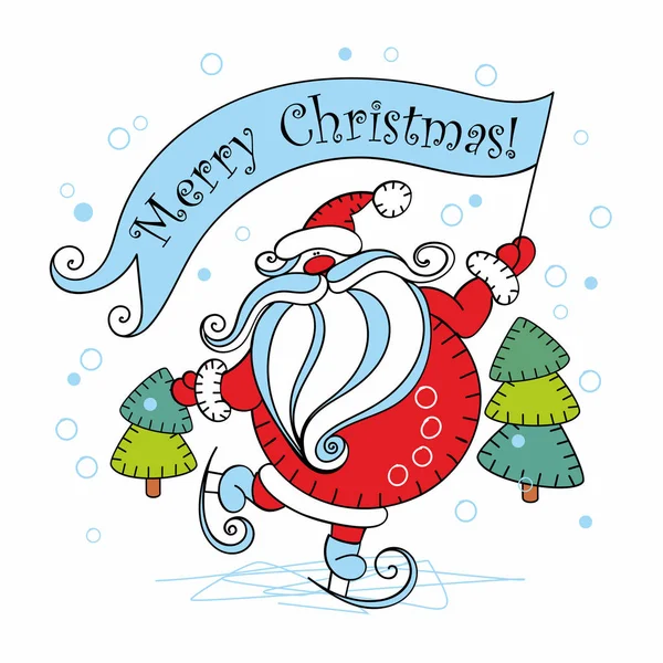 Merry Christmas Holiday Card Santa Claus Skates Vector Illustration — Stock Vector