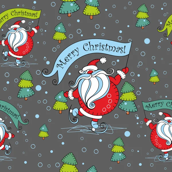 Seamless Christmas Pattern Santa Claus Skates Cartoon Christmas Tree Vector — Stock Vector